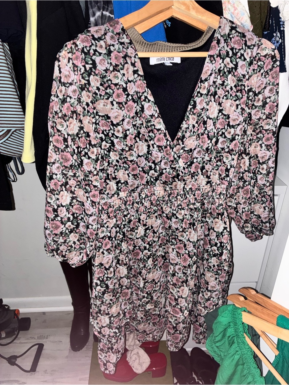 Mimi Chica Black Floral Dress with Pink and Cream Roses
